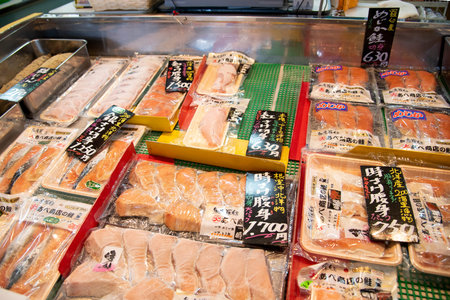 Rausu fishing port fresh ocean products displayed in Rausu town seafood shop in Hokkaido Island, Japan. Taken in Hokkaido Island, Japan on September, 20, 2016のeditorial素材