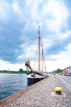 Luxury boat parking near to canal street in Kiel, Germany on July 13, 2016のeditorial素材