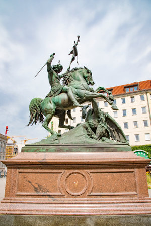 The very delicate 6m high statue of St. George and the Dragon Statue located in the historical Nikolai Quarter of Berlin. Taken in Berlin, Germany on July 21, 2016のeditorial素材