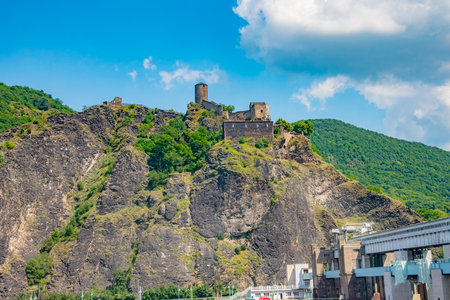 Schreckenstein Castle or, Strekov Castle, is a well preserved ruined castle perched atop a cliff above the River Elbe near the town of Usti nad Labem in the Central Bohemian Highlands in Czechia. Taken in Usti nad Labem, Czech on July 22, 2016のeditorial素材