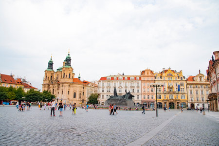 Tourist gathering at Old Town Square, which is a historic square in the Old Town quarter of Prague, Czech Republic on on July 23, 2016のeditorial素材