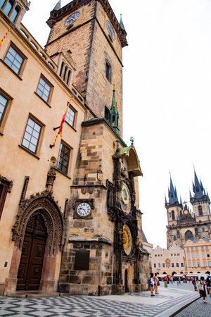 Staromestske radnice is a 14th-century old town hall, renowned for its observation tower and intricate astronomical clock. Taken in Prague, Czech Republic on on July 23, 2016のeditorial素材
