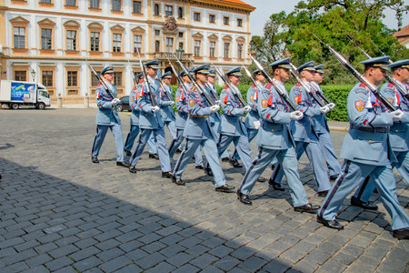 Changing the Guard at Prague Castle takes place in the first courtyard of Prague Castle at 12:00 daily. Taken in Prague, Czech on July 23, 2016のeditorial素材