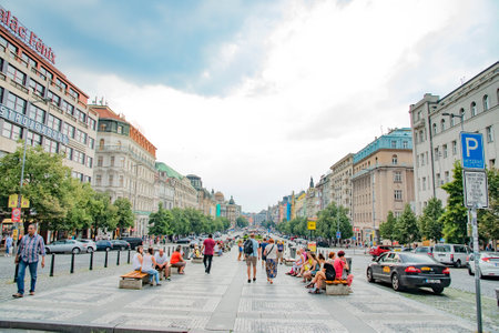 People gathering at Wenceslas Square, one of the main city squares and the centre of the business and cultural communities in the New Town of Prague, Czech Republic on July 23, 2016のeditorial素材