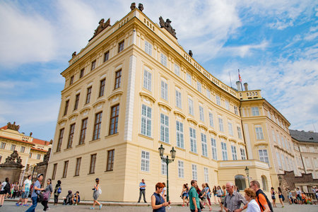 Tourists gathering outside of the courtyard of Prague Palace, Czech Republic on July 23, 2016のeditorial素材