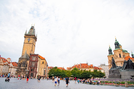 Tourist gathering at Old Town Square, which is a historic square in the Old Town quarter of Prague, Czech Republic on on July 23, 2016のeditorial素材