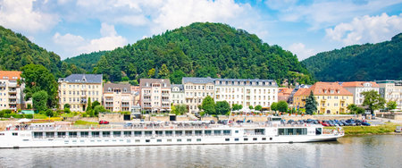 Viking Astrild ship cruising along river Elbe in Bad Schandau, Germany on July 22, 2016のeditorial素材