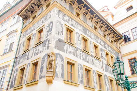 The house "At the Minute" is a very intricate and interesting, historic building originating from the 15th century near the Astronomical Clock. Kafka lived here from 1889 to 1896. Taken in Prague, Czech Republic on on July 23, 2016のeditorial素材