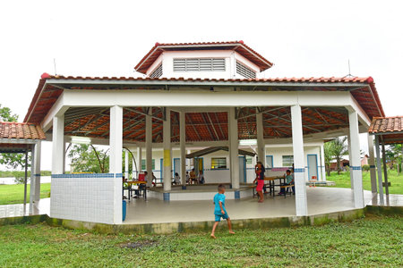 School canteen of Escola Indigena Municipal Puranga Pisasu in Rio Cuieiras Zona Rural. Taken in Manaus, Brasil on May, 31, 2019のeditorial素材