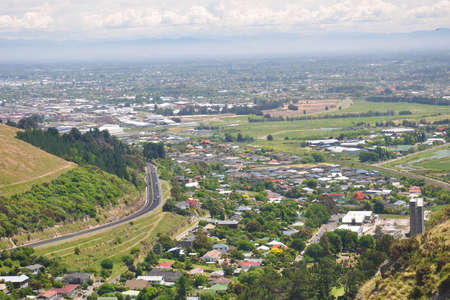 Heathcote Valley taken from a gondola of Mount Cavendish in the Port Hills. The South Island, New Zealand attractions.の写真素材