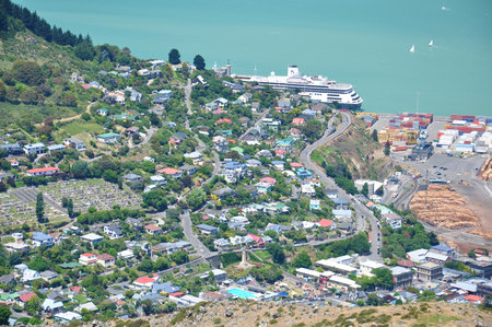 Aerial landscape view of Lyttelton near Christchurch, New Zealand on Nov 27, 2010のeditorial素材