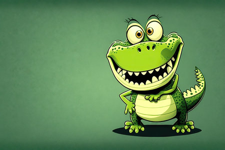 funny crocodile on green background with space for text - illustrationの素材