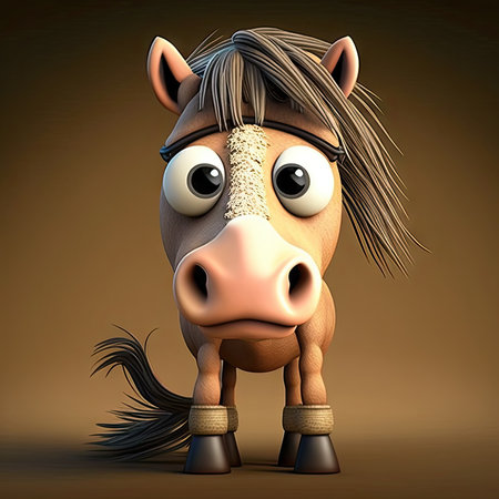 Horse with brown hair and big eyes, 3d rendering.の素材