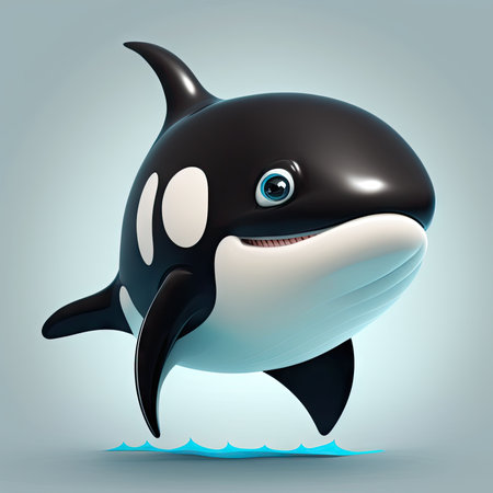 Cute cartoon killer whale isolated on grey background, 3d renderingの素材
