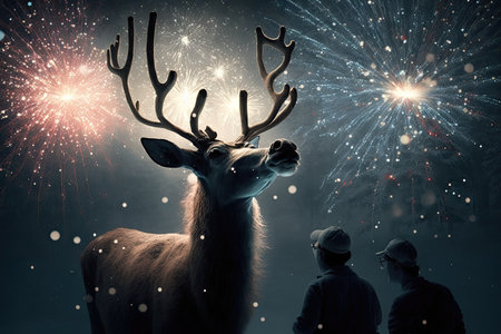 Silhouette of a deer with a firework in the backgroundの素材