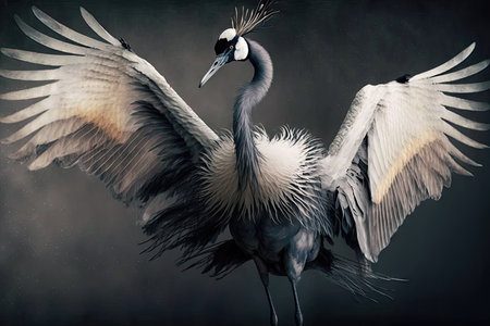 3D rendering of a pair of Grey Crowned Cranes on a dark backgroundの素材