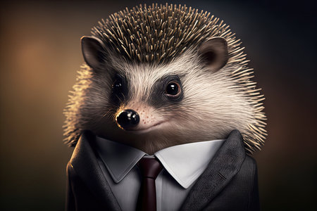 Hedgehog in a suit and tie on a dark background.の素材