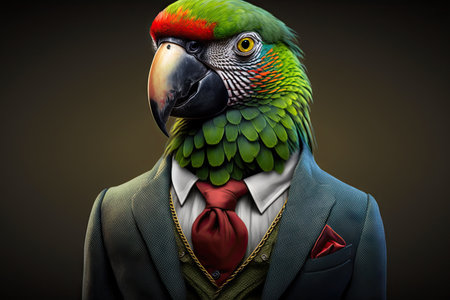 Portrait of a parrot in a business suit on a dark background.の素材