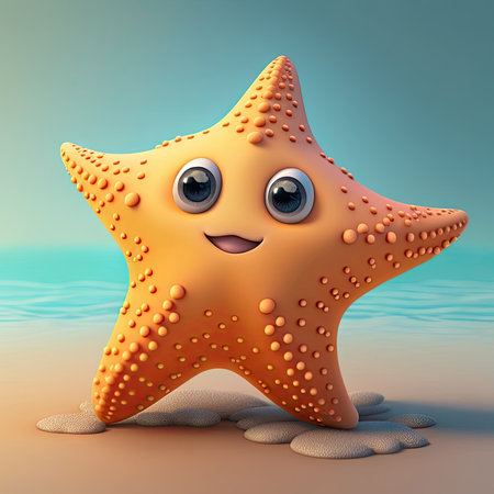 Cartoon starfish on the beach - 3d render illustration.の素材