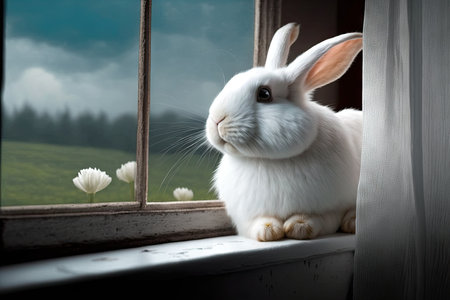 White rabbit sitting on a window sill with white flowers in the backgroundの素材