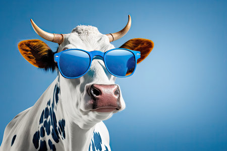 Portrait of a cow wearing sunglasses against blue background with vignetteの素材