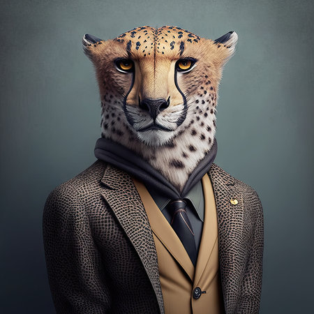 Cheetah in a jacket and tie. Portrait of a cheetah.の素材