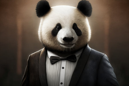 Panda in a suit and bow tie. Toned image.の素材