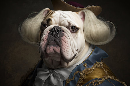 Portrait of a French bulldog wearing a cowboy hat on dark backgroundの素材