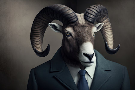 Portrait of a ram wearing a suit and tie. Business concept.の素材