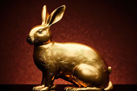 golden rabbit on red background with copy space. easter conceptの素材