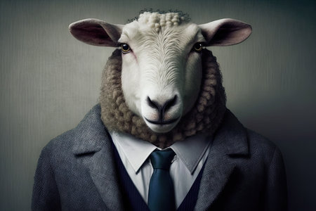 Sheep in a suit and tie on a gray background. Toned.の素材