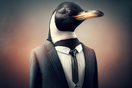 Penguin in a suit and tie on a dark background.の素材