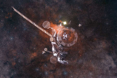 Spacecraft launch into space. Cosmos art.の写真素材