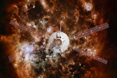 Spacecraft launch into space. Cosmos art.の写真素材