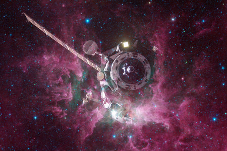 Spacecraft launch into space. Cosmos art.の写真素材