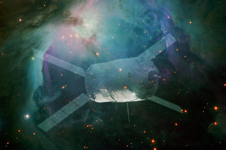 Spacecraft launch into space. Cosmos art.