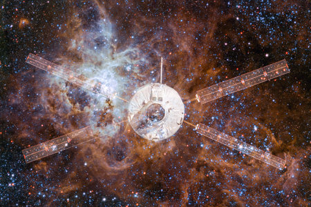 Spacecraft launch into space. Cosmos art.