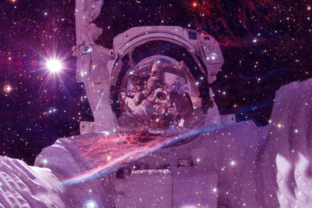 Astronaut. Nebula, cluster of stars in deep space. Science fiction art.