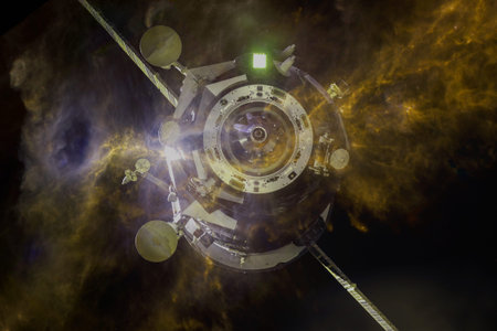 Spacecraft launch into space. Cosmos art.