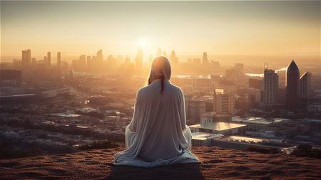 Relaxed woman meditating on the top of a hill at sunset, skylineの素材