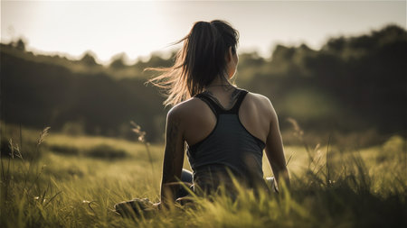 Young woman sitting on a meadow in the rays of the setting sunの素材