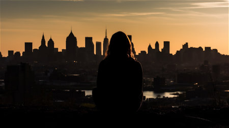 Silhouette of a young woman looking at the city at sunsetの素材