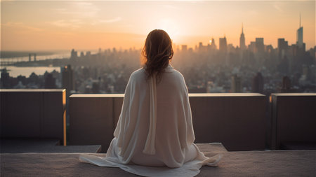 Young woman sitting on the roof and looking at the city at sunset.の素材