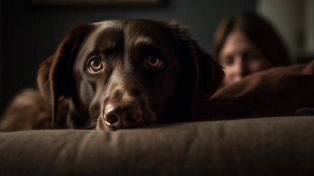 Portrait of a young girl with her dog on a sofa at homeの素材