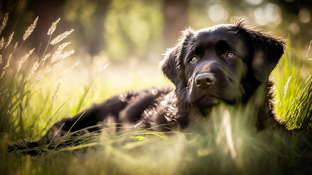 Portrait of a black dog lying on the grass in the parkの素材