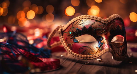 Photo of elegant and delicate Venetian mask over bokeh backgroundの素材