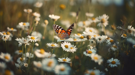 Butterfly on daisy flowers in meadow at sunset.の素材