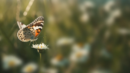 Butterfly on a flower in the meadow, selective focus. Copy space for text, copy space, space for textの素材
