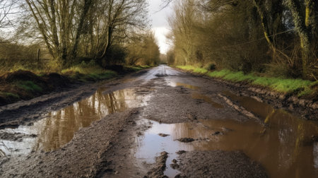 Dirt road with puddles and mud in the countryside.の素材