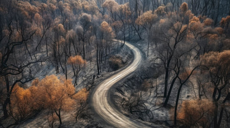 Autumn landscape with a road in the middle of the forest.の素材